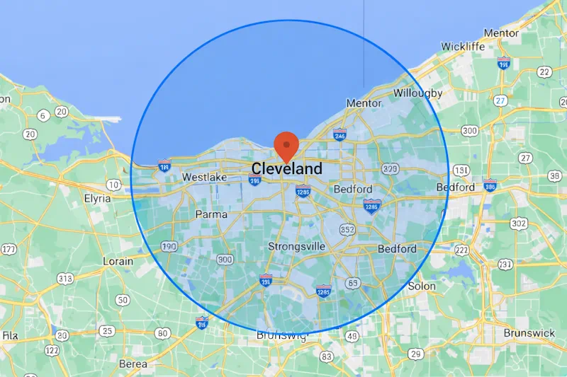 Map showing TekPro Plumbing service area around Lakewood and Cleveland Ohio